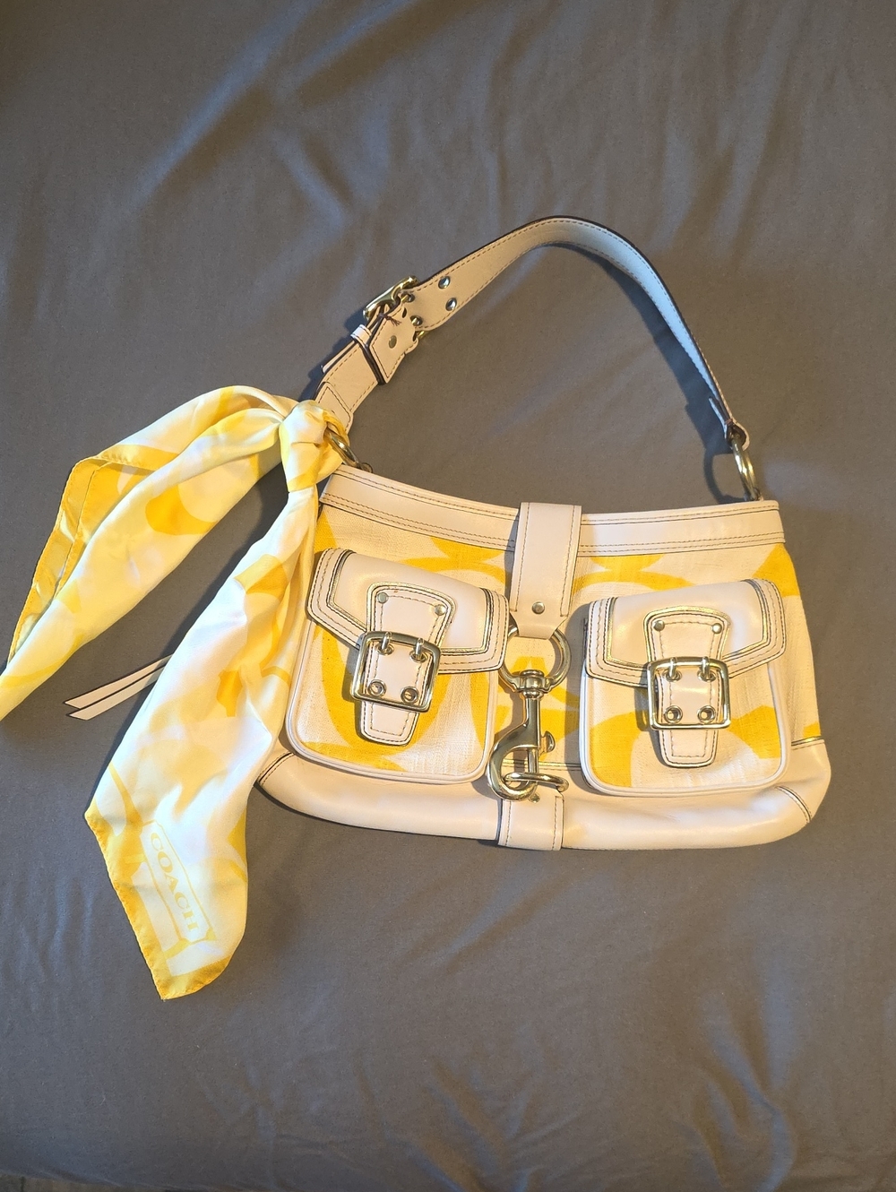 Vintage Coach Legacy, Yellow & Cream Buckle-Front Shoulder Bag with Scarf Accent